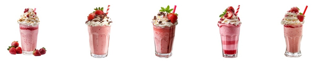 Set, Collection of Strawberry milkshake drink Isolated on Transparent Background PNG.