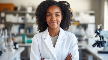 A young black woman in a lab coat smiles confidently at the camera in a modern laboratory. She represents professionalism and empowerment in the scientific field.