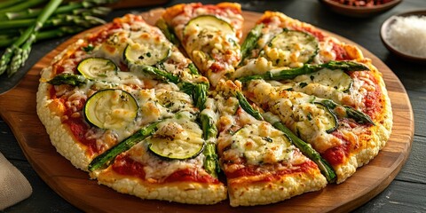 A freshly made vegetable pizza served on a rustic wooden platter. Topped with colorful ingredients including zucchini, bell peppers, and chicken, it offers a healthy and appetizing meal option.