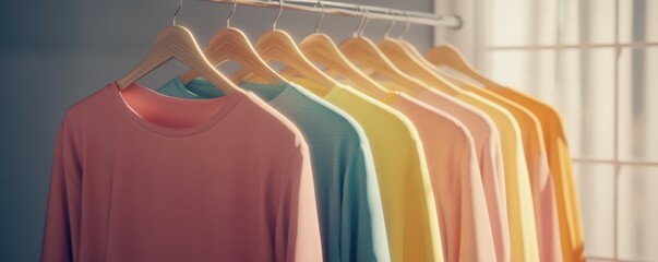 Obraz premium Colorful t-shirts on wooden hangers in sunlit room