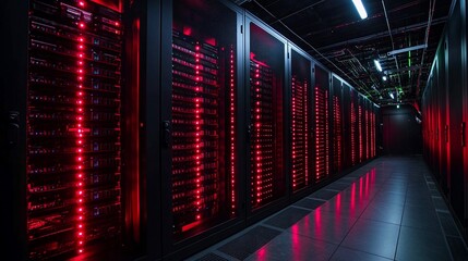 Red Lit Data Center Server Room Corridor