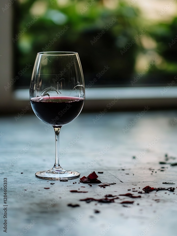 Aufkleber Elegant wine glass filled with red wine and spilled fragments on a textured surface with a soft focus background of greenery : Generative AI