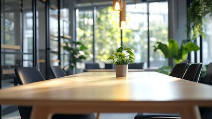 Modern Office Interior Featuring a Green Plant on a Bright Wooden Table : Generative AI