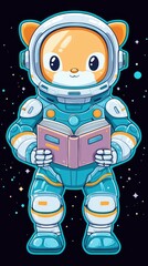 Fototapeta premium Adorable Cat Astronaut Reading a Book in Space