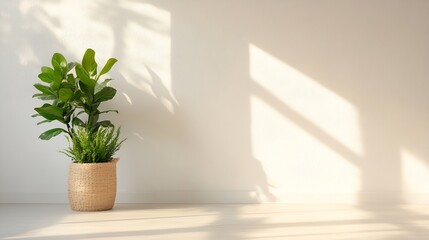 Stylish indoor plant in a woven basket under soft sunlight casting shadows on the floor : Generative AI