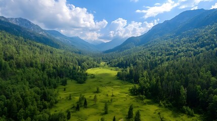Fototapeta premium Lush green valley surrounded by towering mountains under a bright cloudy sky in summer : Generative AI