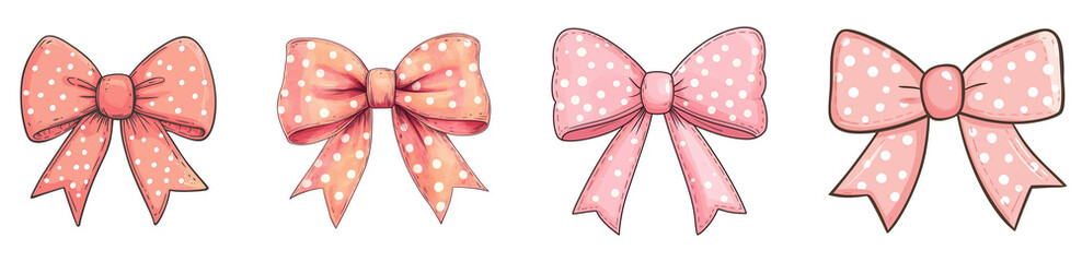 Pink Polka Dot Bow Ribbon Cartoon Illustration set 