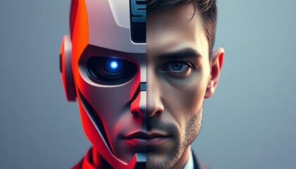 Futuristic AI-human hybrid portrait, half cyborg half man, technology and humanity fusion, artificial intelligence concept, digital future, sci-fi, cybernetic evolution, innovation.