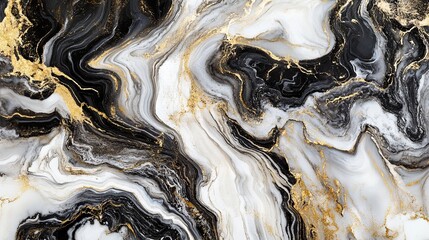 Abstract black marble texture with gold and white ink design