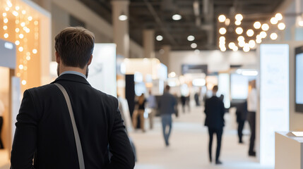 Conference Attendee Exploring Exhibition Hall with Booths and Displays