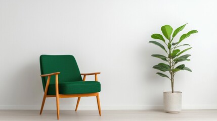Modern Green Armchair and Plant, Empty Room