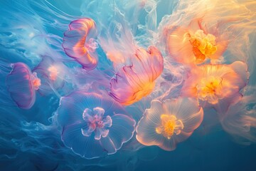 Fototapeta premium Mesmerizing underwater scene showcasing vibrant jellyfish with translucent bells and flowing tentacles in a captivating blue and orange hue.