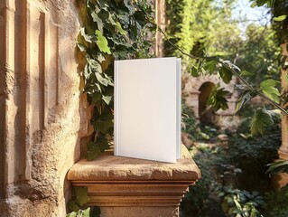 Blank book mockup in a serene Mediterranean setting with lush greenery and ancient stone walls creating a tranquil atmosphere for literary inspiration