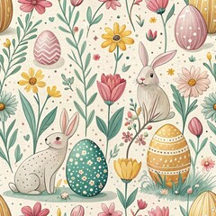 Delicate seamless Easter pattern with cute bunnies, colorful decorated eggs and spring flowers. 