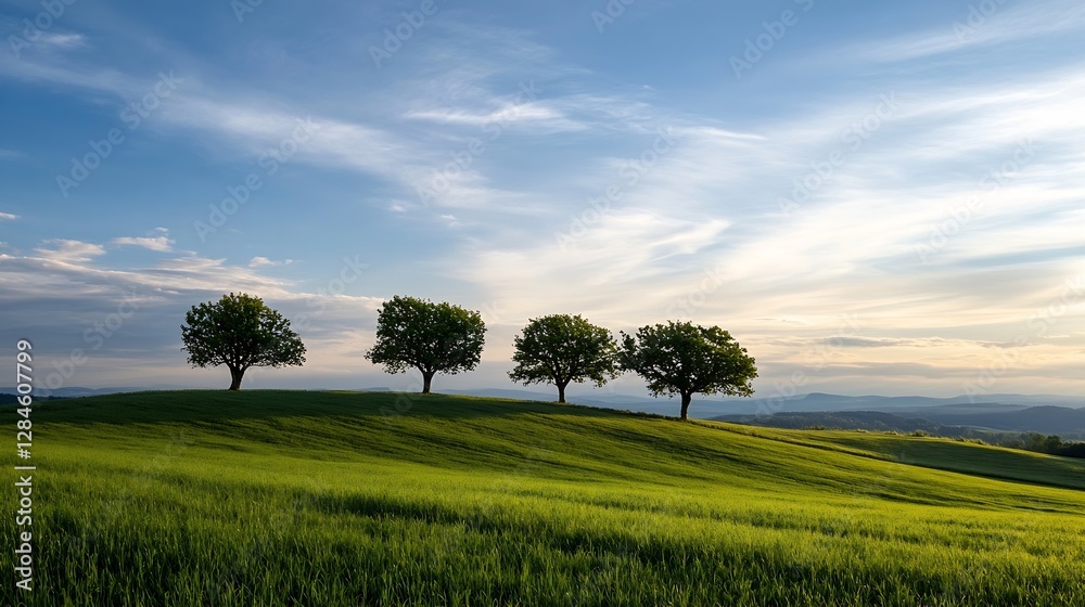 Poster four lush trees standing proudly on a green hill under a blue sky with scattered clouds : generative