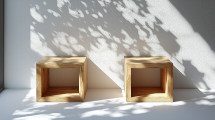 Minimalist wooden cube display shelves in sunlit room with leaf shadows