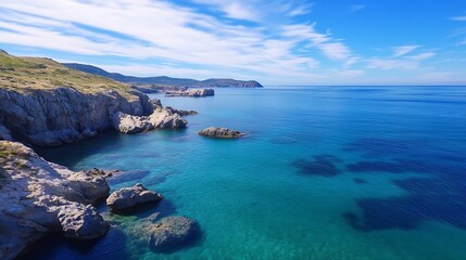Fototapeta premium Breathtaking view of calm turquoise waters with rocky cliffs under a clear blue sky : Generative AI