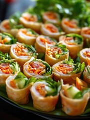 A collection of fresh spring rolls filled with vibrant Asian vegetables, ready to be served as a delicious appetizer or meal option.