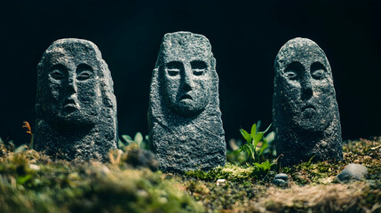 Old ritual stone idols displayed in a dark setting, representing ancient Slavic pagan traditions