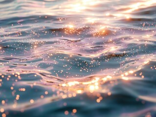 Sparkling waves dance in a whimsical sea, reflecting dreamy hues of light gold and pink under a magical sunset sky