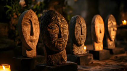 Old ritual stone idols displayed in a dark setting, representing ancient Slavic pagan traditions