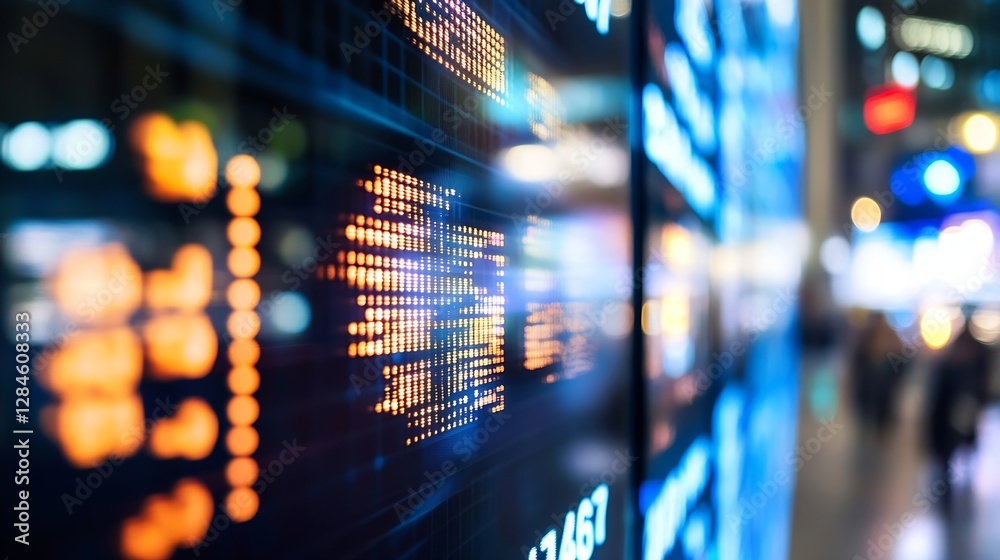Poster Dynamic display of stock market data on a vibrant screen with bright colors and glowing lights : Generative AI