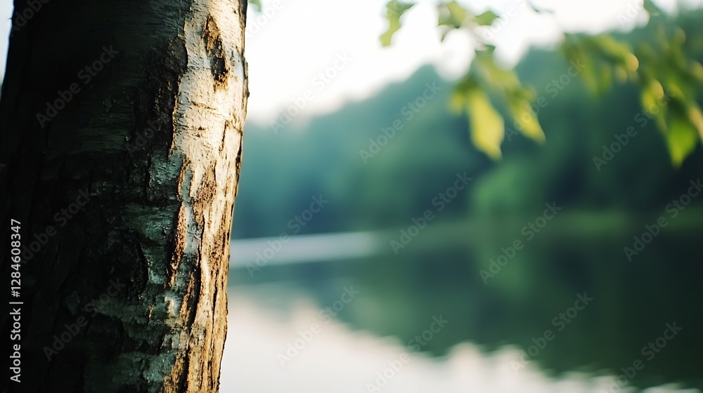 Aufkleber closeup of a tree trunk overlooking a peaceful lake reflecting soft light from the surrounding natur