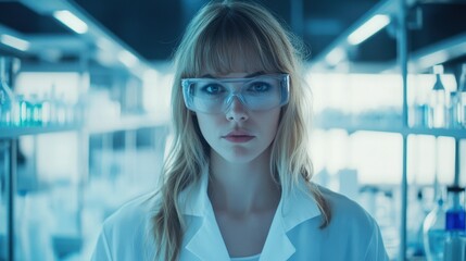 Fototapeta premium Portrait of a young European female scientist wearing glasses, set in a bright laboratory. She embodies the future of research and innovation.