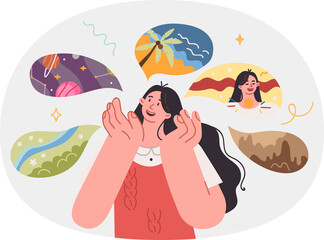 Woman dreams of happy future and opportunity to travel around planet and relax at southern resort. Girl with good imagination looks up, dreams of visiting space or going rafting on river.