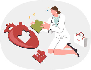 Woman doctor takes care of patient heart, replacing diseased fragment with healthy one in order to prolong person life. Concept of heart transplantation and surgery on cardiac system
