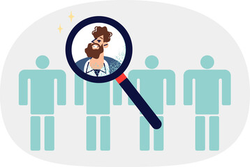 Recruiting process for selecting candidates for vacancy, with magnifying glass over man face near faceless people. Concept of importance of recruiting search for HR department employees