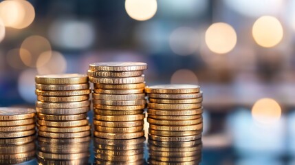 Stacks of shimmering gold coins arranged carefully against a blurred bokeh background creating financial allure : Generative AI