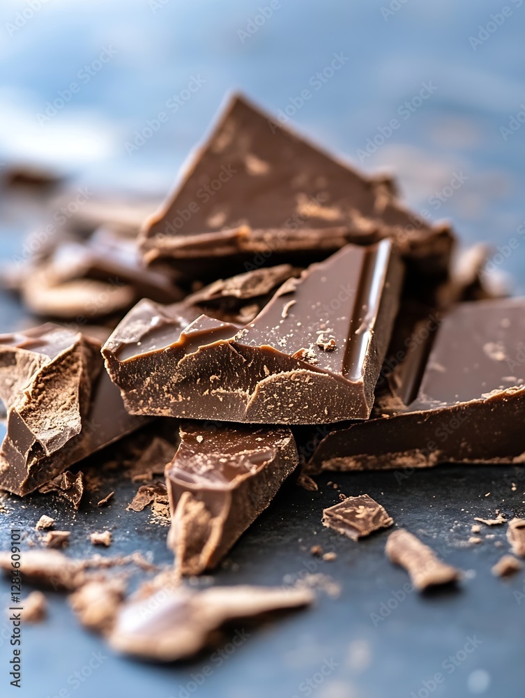 Poster delicious dark chocolate pieces artistically arranged showcasing the rich texture and flavor of coco