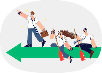 Leader indicates direction for team to move, demonstrating leadership qualities, standing on green arrow together with colleagues. Synergy employees of company and leader performing assigned tasks