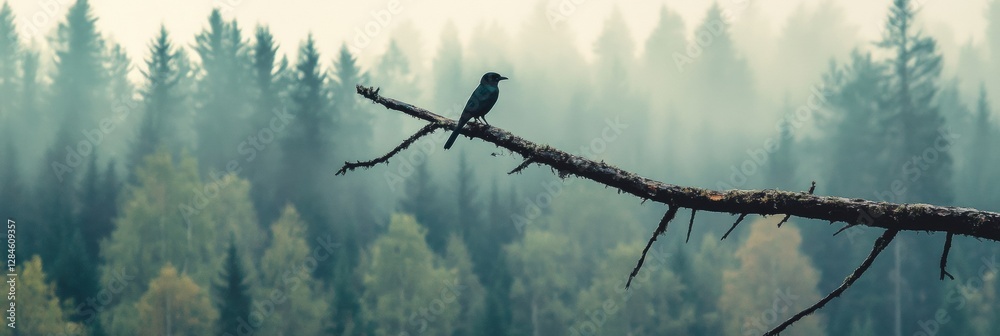 Fototapete lone bird perched on a dead tree branch against a misty forest backdrop at dawn. generative ai