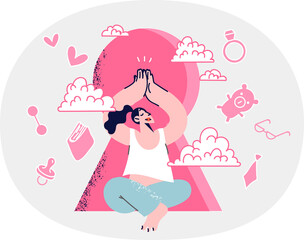 Woman meditates achieving balance and harmony between work and family or education, sits near giant keyhole. Thoughtful girl is trying to maintain life balance and avoid overexertion