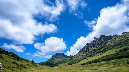 Obraz premium Stunning panoramic view of a lush green mountain landscape under a bright blue sky with fluffy clouds : Generative AI