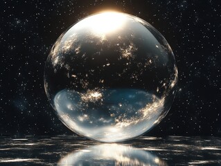 Mysteries unfold in a black universe where a silver planet reflects cosmic wonders, revealing glimpses of distant stars and the beauty of the void