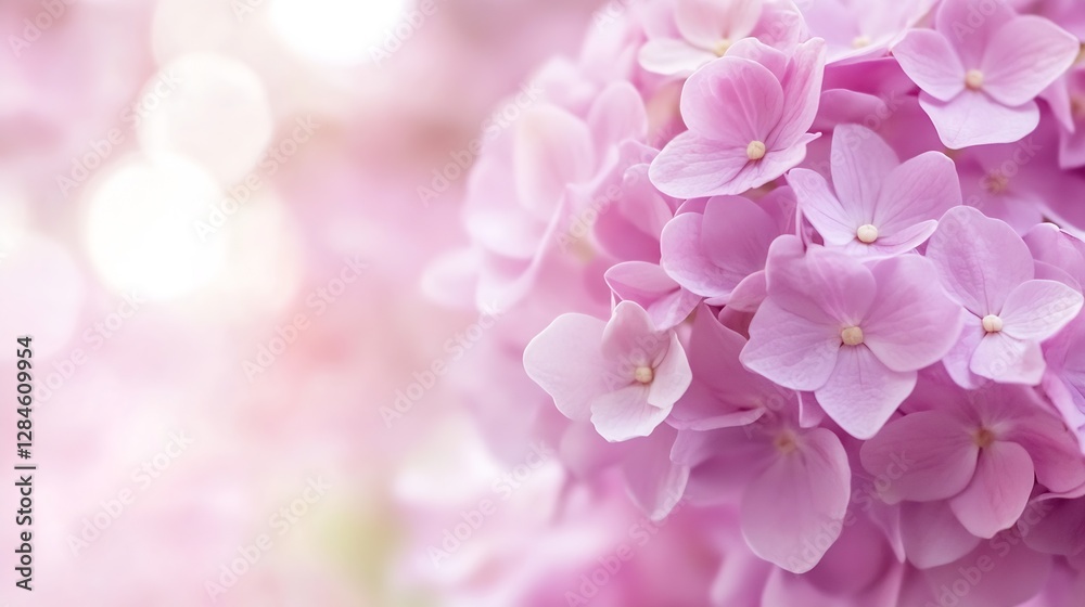 Aufkleber beautiful close up of delicate pink hydrangea flowers blooming in soft light with bokeh background :