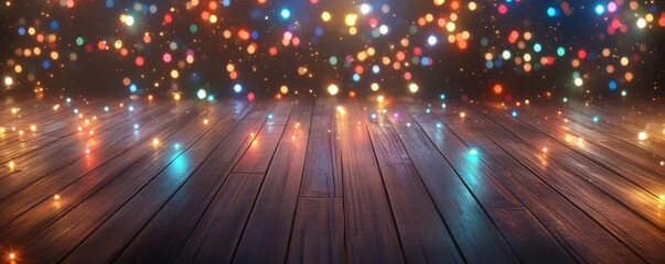 Fototapeta premium Vibrant bokeh lights on wooden floor create festive atmosphere with colorful reflections