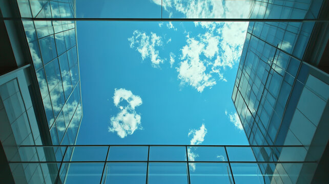 Modern Architecture Glass Ceiling with Geometric Metal Frame Pattern Against Blue Sky View