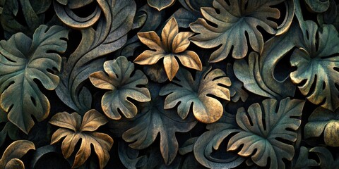 A vibrant, leaf-like pattern in shades of gold and green against a textured metal backdrop. Abstract wall art or home decor piece.