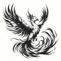 Black and white stylized phoenix in flight, with detailed feathered wings and tail.