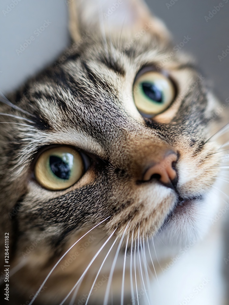 Poster closeup portrait of a curious tabby cat showcasing its striking green eyes and whiskers : generative