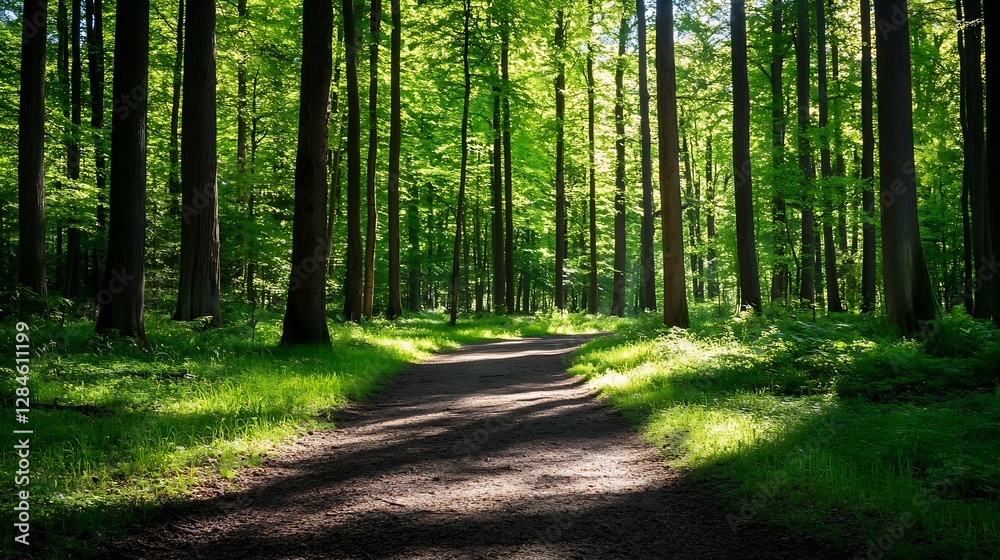 Poster beautiful sunlit pathway through a lush green forest filled with tall trees : generative ai