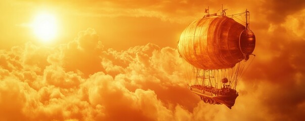Vintage airship soaring through golden sunset skies amongst fluffy clouds