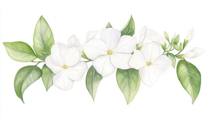 Fototapeta premium Delicate jasmine blossoms and lush foliage create a serene watercolor composition capturing fragrant romance in nature's beauty