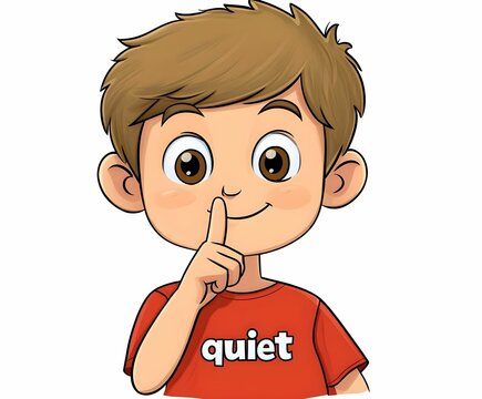 Child with a finger on lips signaling quietness in a playful illustration setting