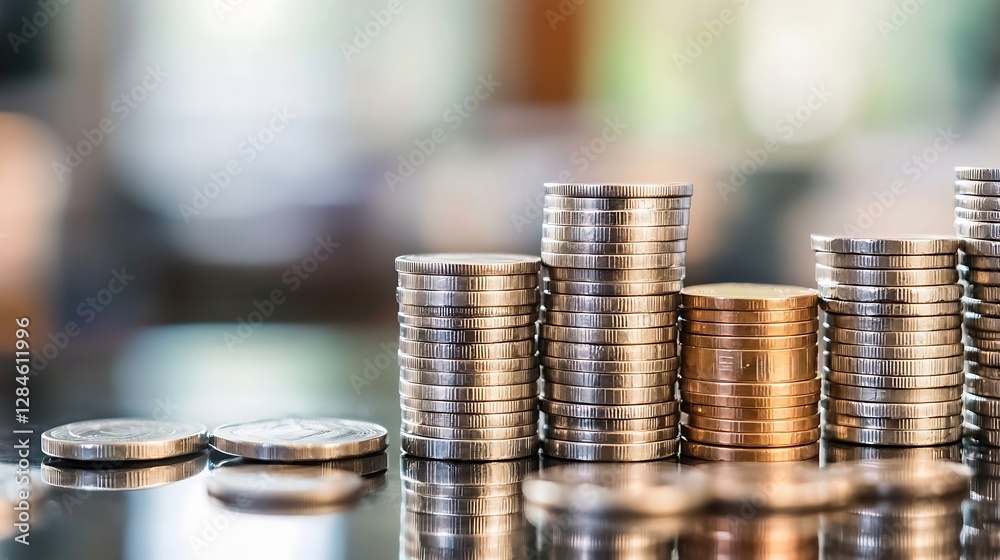 Fototapete Stacks of various coins on a table showcasing financial growth and investment strategies in a modern setting : Generative AI
