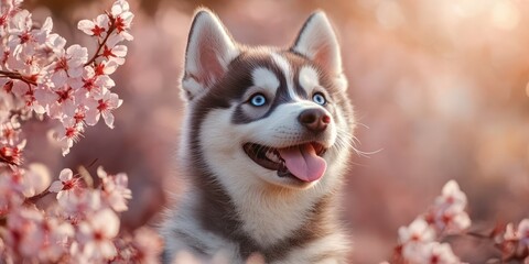 Happy husky puppy surrounded by pink cherry blossoms during springtime in a vibrant park setting